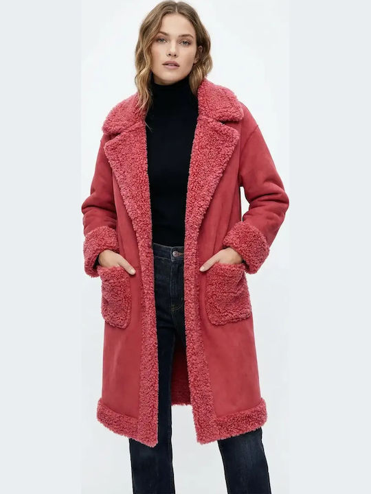 Sherpa Damen Magenta Mantel Teddy mit Fellbesatz