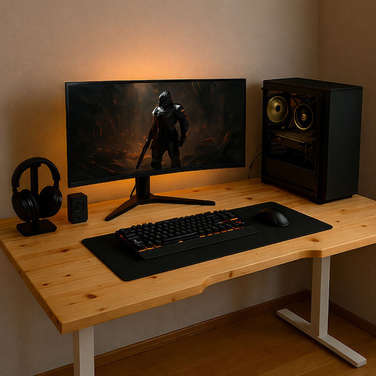 Ηλεκτρικό Γραφείο Skymnos Gaming Μασίφ Ξύλο Πεύκο Λευκά Μεταλλικά Πόδια & Ρυθμιζόμενο Ύψος 160x65εκ
