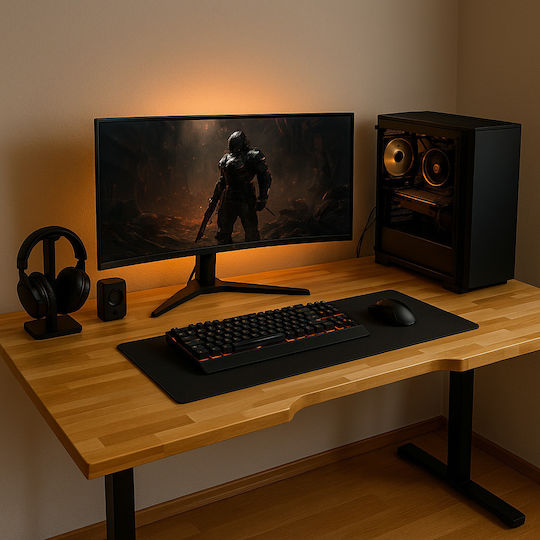 Ηλεκτρικό Γραφείο Skymnos Gaming Μασίφ Ξύλο Πεύκο Μαύρα Μεταλλικά Πόδια & Ρυθμιζόμενο Ύψος 160x65εκ