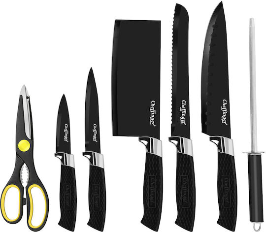 Cheffinger Set Cuțite 7 Piese Ușor Rezistent la Coroziune Suport Negru Argintiu