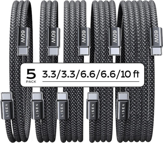 Lisen Braided USB 2.0 Cable USB-C male - USB-C 60W Μαύρο 1m 5τμχ