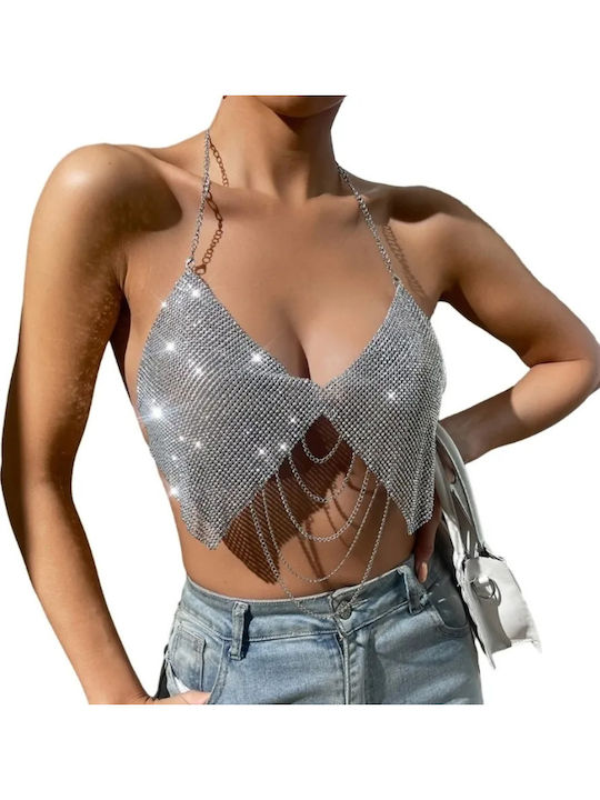 Γυναικείο Crop Top Αμάνικο με Δέσιμο στο Λαιμό Ασημί