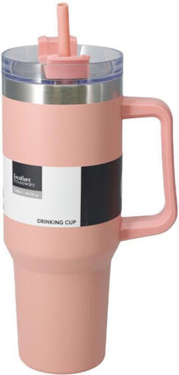 Excellent Houseware Handled Tumbler Thermos Bottle Stainless Steel 1.2lt Light Pink With Straw And Handle