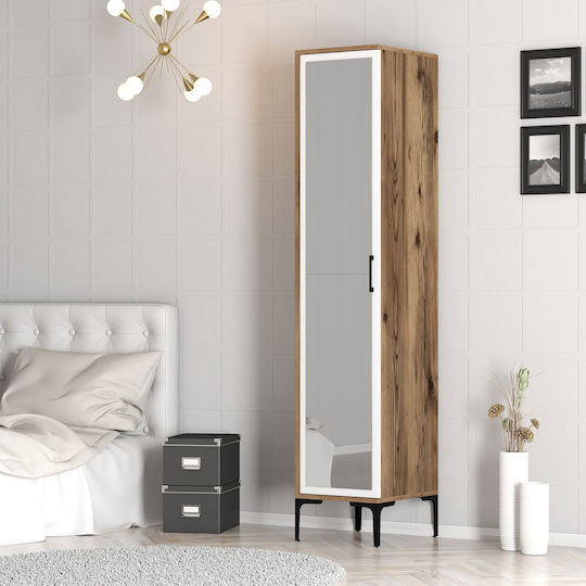 Narrow Wardrobe 1 Door with Mirror Interior Organization Walnut White 40×47.5×201.4 cm