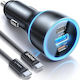 Lisen Car Charger 170W Fast Charging with Ports: 1xUSB-A 2xType-C with Type-C Cable Black Colour