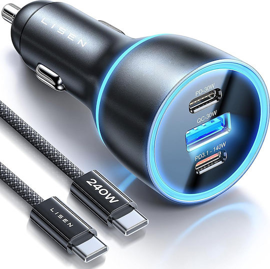 Lisen Car Charger 170W Fast Charging with Ports: 1xUSB-A 2xType-C with Type-C Cable Black Colour