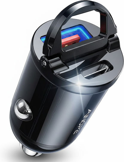 Ring Φορτιστής Αυτοκινήτου 30W με Θύρες: 1xUSB 1xType-C Μαύρο Χρώμα