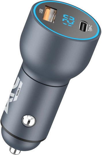 ATC Car Charger 42.5W 5A Fast Charging with Ports 1xUSB 1xType-C with Embedded Type-C Cable Grey Colour