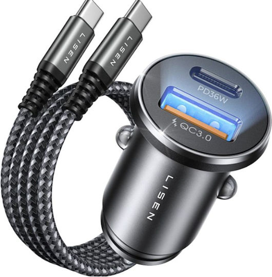 Lisen Încărcător Auto Cu Mufă De Brichetă 51W Cu Porturi 1xUSB-A 1xType-C Împreună Cu Cablu Type-C Culoare Neagră
