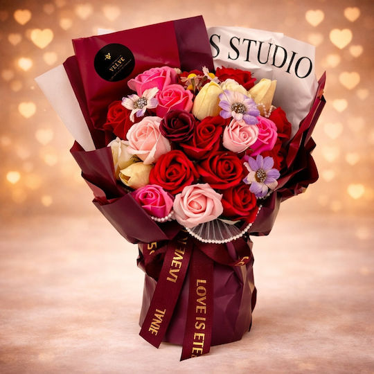 Eternal Floral Bouquet Artisan Flowers Soap Roses Tulips Red