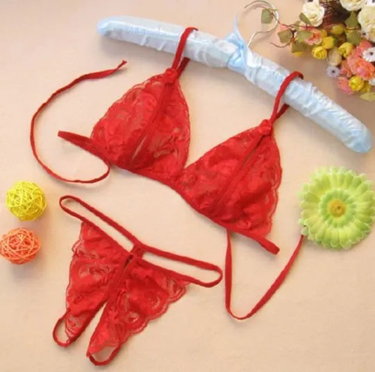 Rotes BH+Unterwäsche+Socken Offene Durchsichtige BH-String-Set Os