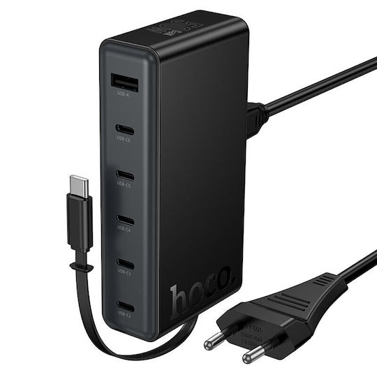Hoco GaN с USB-A порт и 5 USB-C порта и кабел USB-C 50W Power Delivery / Quick Charge 3.0 Черен (C151A)