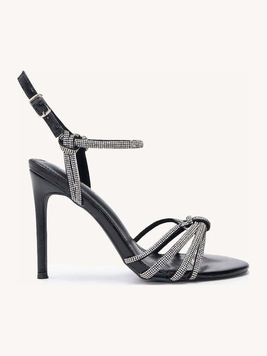 Black Evening Sandals with Strass Thin High Heel