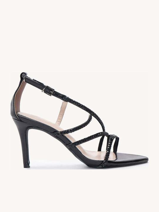 Schwarze Damen Sandalen mit Strass Dünne Riemen Hoher Absatz