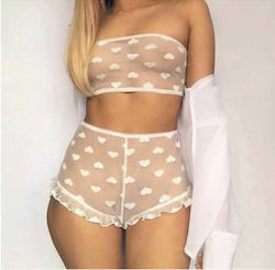 Women Sexy Mesh Heart-shaped Lingerie Set White Medium