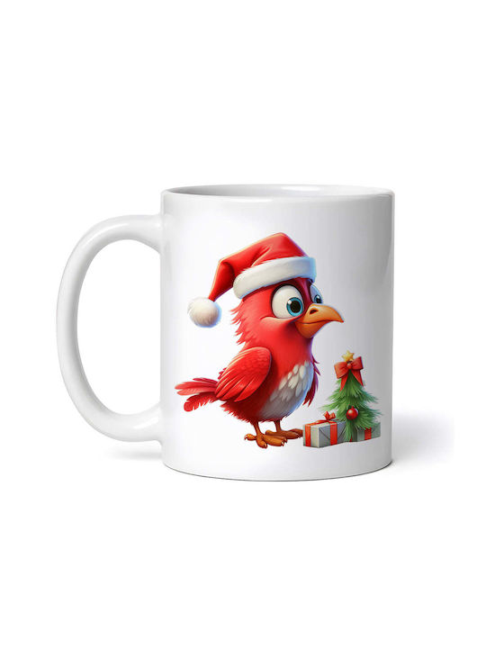 Red Bird With Christmas Hat Ornament de masă de Crăciun Cană Alb
