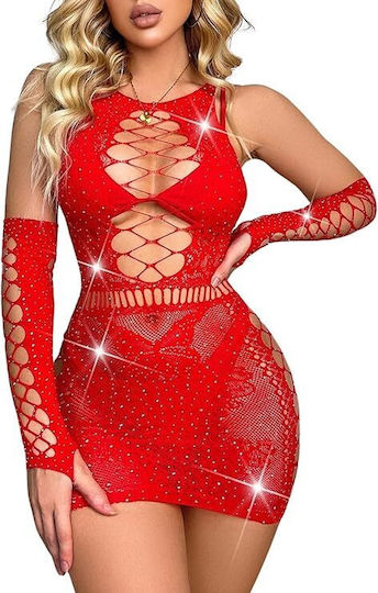 Smd Intime Serie Scarlett Crush Glitzerndes Netz Riemchen Body Sexy Figurnahes Netz Kleid One Size Rote