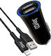 Jaym Pack Cigaret Lighter Charger 2 Usb-a 12w Usb-a To Lightning Mfi Cable 1m Black
