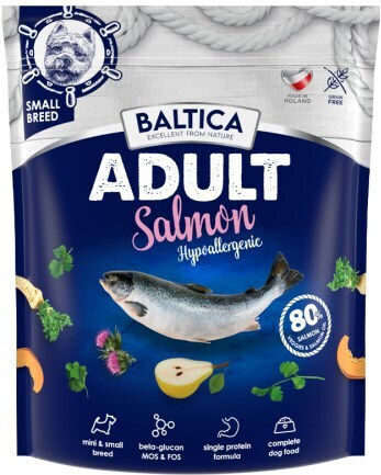 Baltica 1kg Trockenfutter ohne Getreide für erwachsene Hunde kleiner Rassen mit Lachs