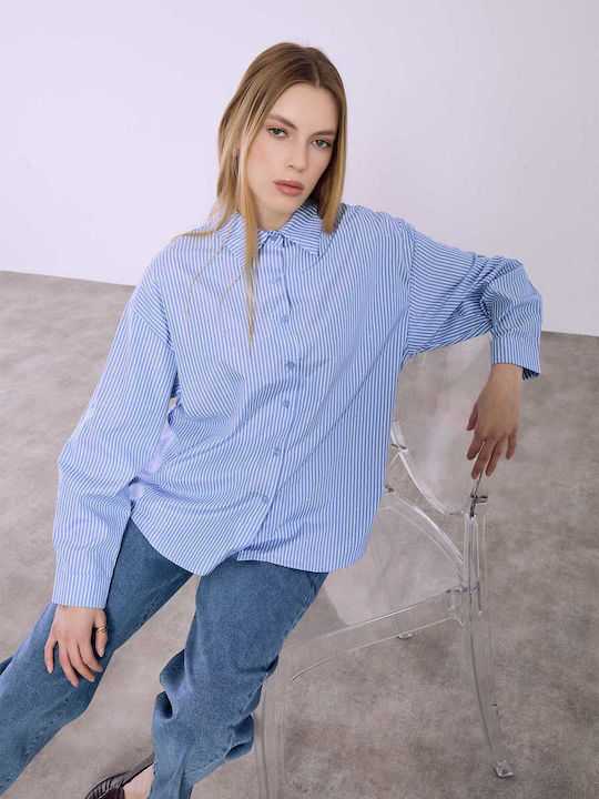 Celestino Damenhemden Gestreift Asymmetrisch Strass Loose Fit Hellblau