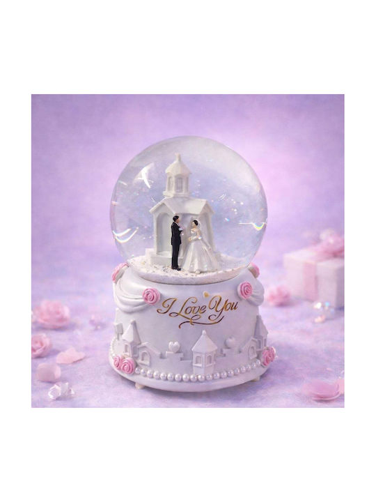 Glass Musical Globe Bride Groom Little Church "i Love You" Message Decorative Resin Stand