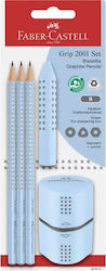 3 Stück Bleistifte + Radiergummi + Spitzer Griff Blau