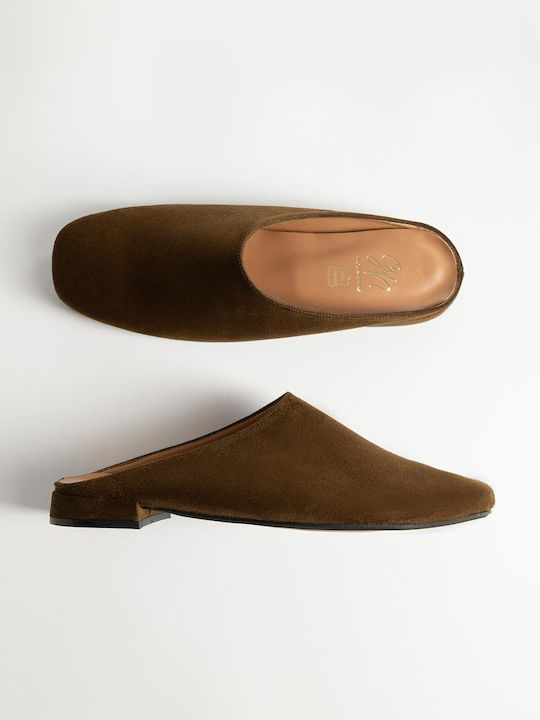 Gin Flach Wildleder Mules in Grün Farbe