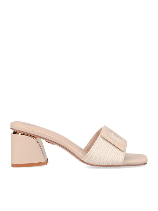 Mules with Chunky Heel in Beige Color