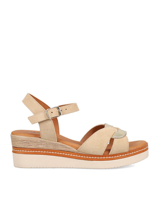 Women's Leather Ankle Strap Platforms Beige