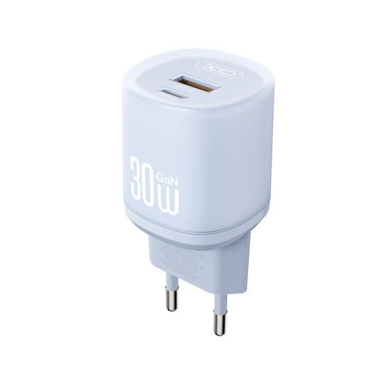 XO Ladegerät ohne Kabel mit USB-A Anschluss und USB-C Anschluss 30W Schnellaufladung 3.0 Blau (L151)