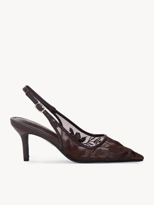 Pantofi Cu Toc Maro Slingback Din Tul Brodat