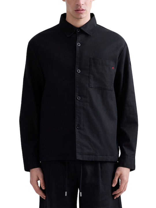 Μακρυμάνικo Λινό Overshirt σε Κανονική Γραμμή Μαυρο