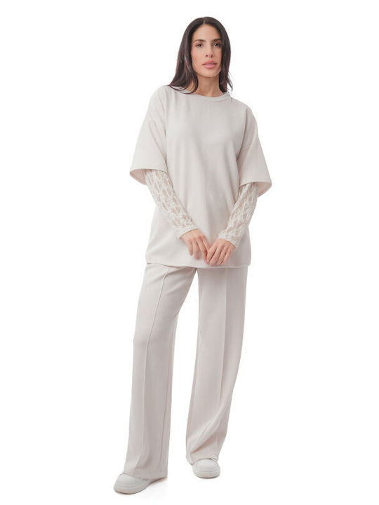 Beige Set Palazzo Trousers Lace Blouse