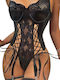 Sexy Lace & Satin Bodysuit Λεπτομέρειες Garter Μαυρο