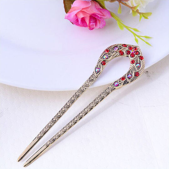 Hair Pin U-Shape Chop Stick Vintage Gold Crystals Julia