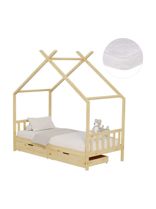 Pat Pentru Copii Single Cu Saltea Și Spațiu De Stocare Bej 90x190cm