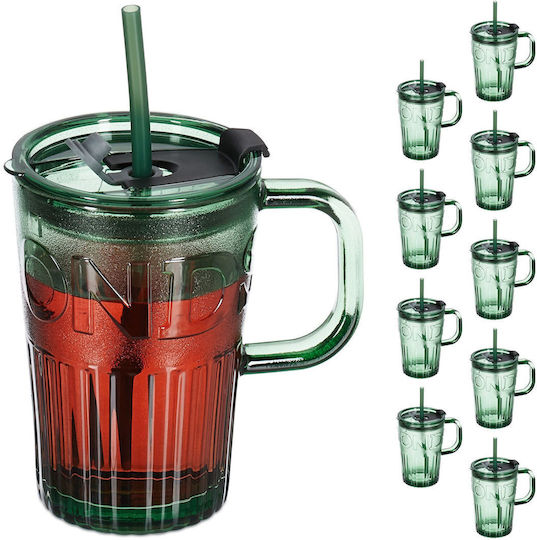 Relaxdays Set de pahare pentru apa / Cocteiluri din Sticlă în Culoarea Verde cu pai 450ml 10buc