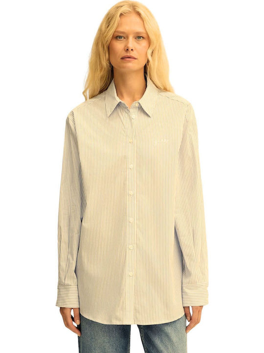 Guess Women's Striped Long Sleeve Shirt Beige