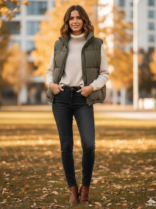 Scurtă Jachetă de femei Fără mâneci Puffer Khaki