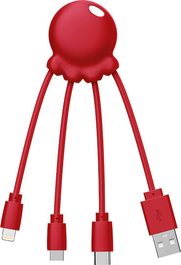 Xoopar Cablu Four-in-one Usb-a Micro-usb Usb-c Lightning Design Octopus Roșu