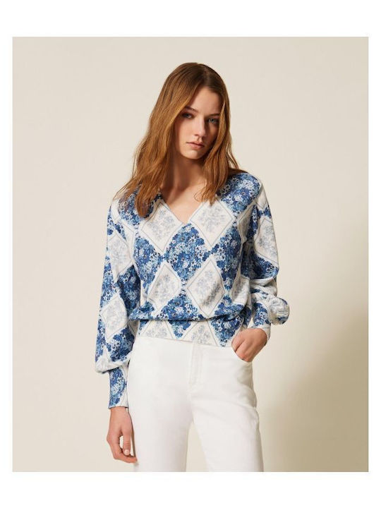 Pulover Damă Bumbac Floral Albastru