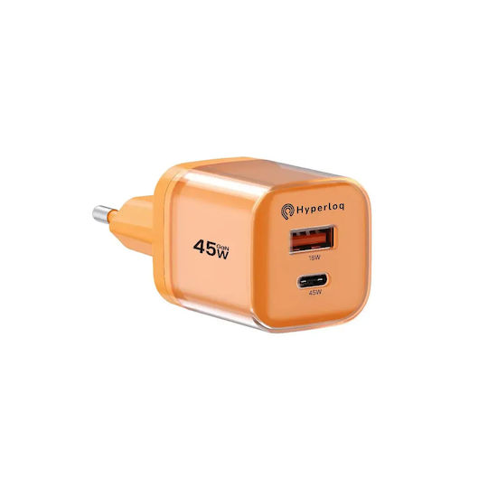 Hyperloq GaN Wireless Charger with USB-A Port and USB-C Port 45W Power Delivery / Quick Charge 4.0 Orange (NeoCharger)