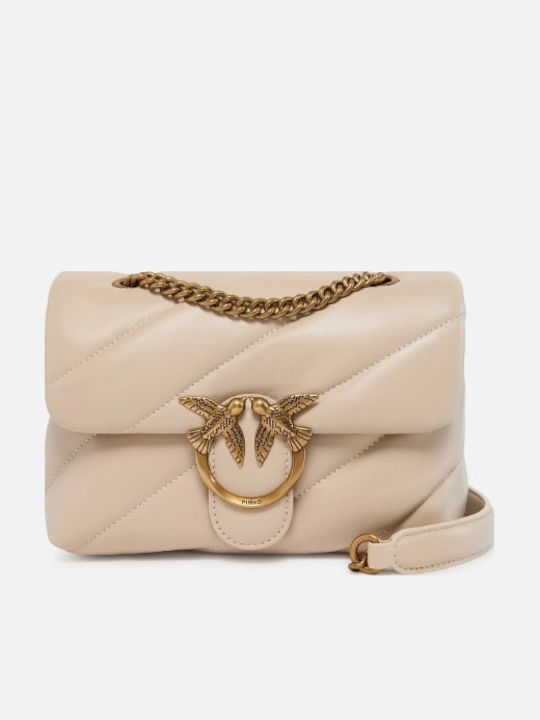 Pinko Love Кожена Дамска Чанта През Тяло Бежова