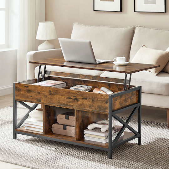Rectangular Central Wooden Coffee Table with Lifting Mechanism Rustic Brown Black W100xD50xH49cm