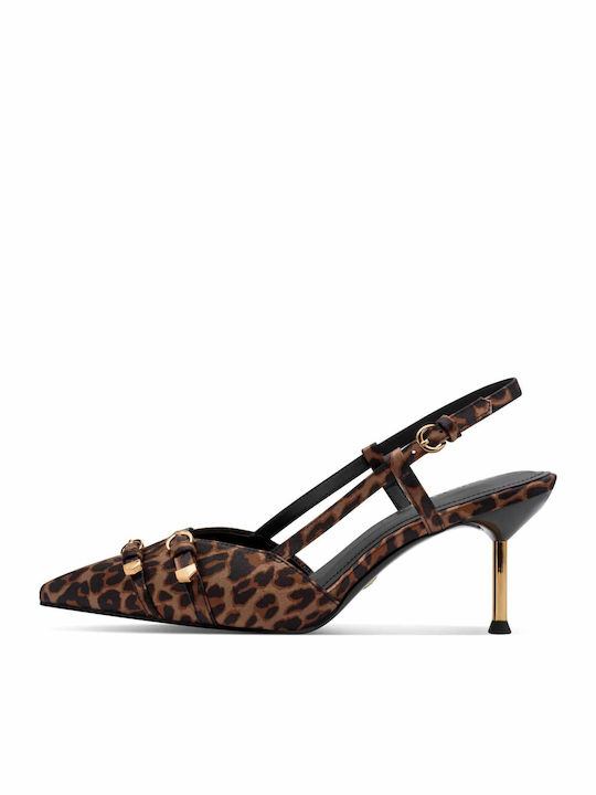 Brown Medium Heels with Strap Animal Print