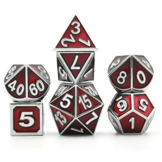 Suegao Set 7 Solid Metal Dice Raised Numbers Role-playing Games Red Silver