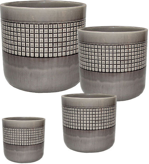 Set of 4 Gray Clay Plant Pots Geometric Pattern S:φ15.5x13.5 M:φ20.5x18.8 L:φ26x23.5 XL:φ30.5x28.5cm 1/box