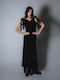 Maxi Evening Dress Velvet Draped with Ruffle Black