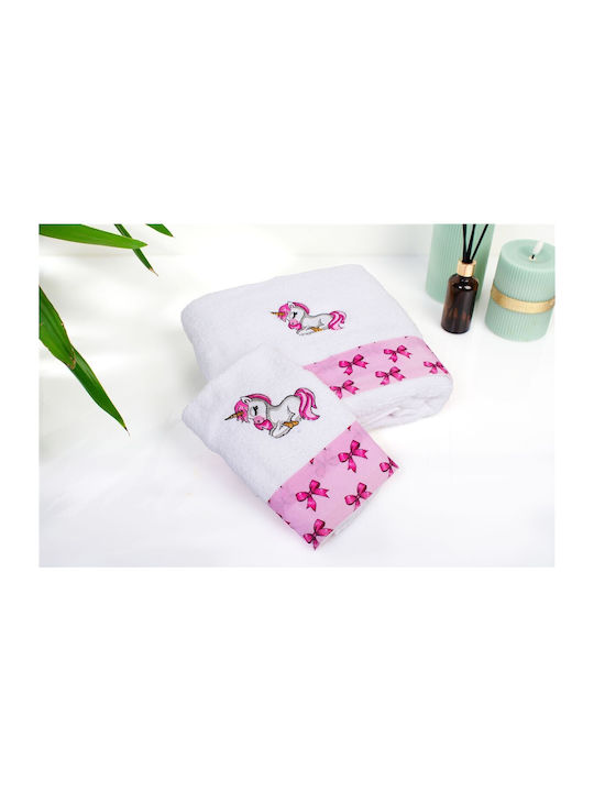Dimcol Set de prosoape pentru copii 2pcs Unicorn White-pink De greutate 400gr/m² Dimcol Set de prosoape pentru copii 2pcs Unicorn White-pink De greutate 400gr/m²