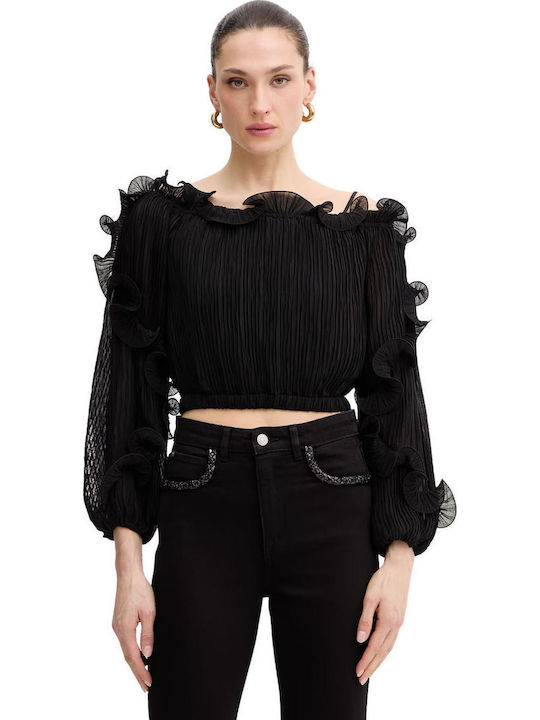 Guess Top Crop Bumbac Mânecă Lungă Negru Damă